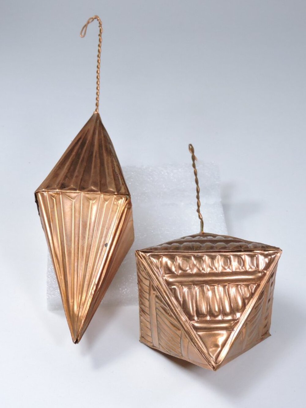 2 Vintage Pressed Copper Metal Christmas Ornaments - Embossed Pyramid Shape